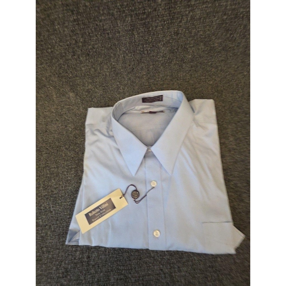 Roberto Villini Dress Shirt Mens 18.5 36/37 Tall Blue Solid Travel Non Iron LS
